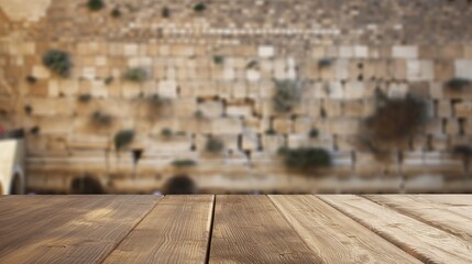 close up of rustic empty wooden table with blurred Jerusalem Wailing Wall background