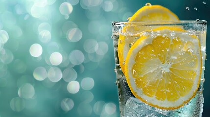 Close-up of refreshing glass water with lemon slices and bubbles against blue bokeh background