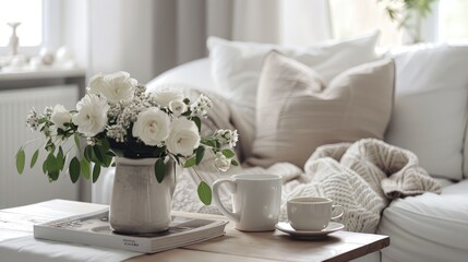 Morning vibes coffee and flowers in a cozy white living room