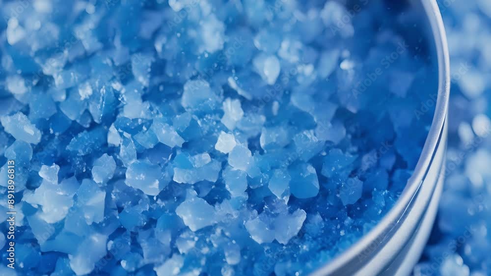 Poster a closeup of a round tin container with a matte finish containing deep blue bath salts that resemble