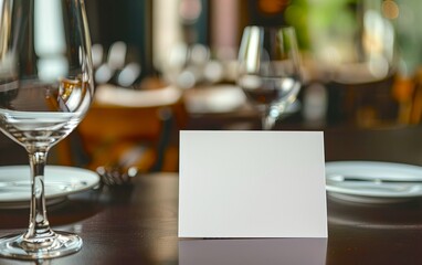 A place card rests on a table beside a wine glass