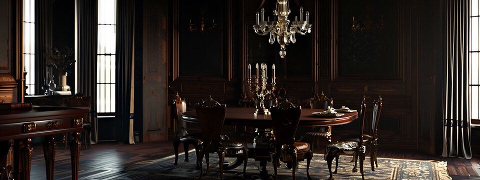 Gothic Victorian Dining Room with Candelabras Mockup  - Powered by Adobe