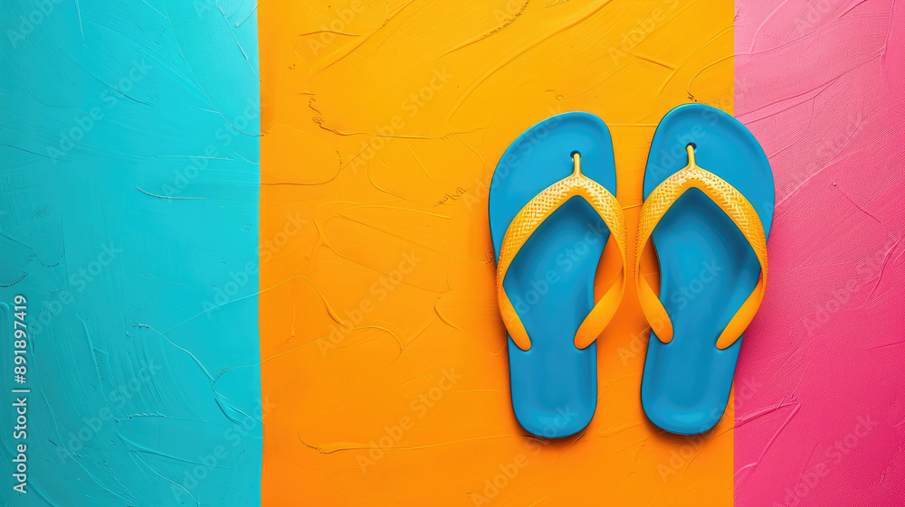 Wall mural Blue flip-flops on colorful background split into pink, yellow, and blue sections