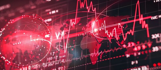 Financial charts background featuring a red stock market graph, global map, and pulsating red laser beams. An ECG line hologram covers the globe.
