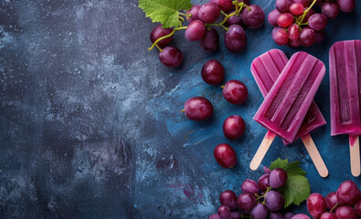 Grape popsicles with fresh grapes on blue background