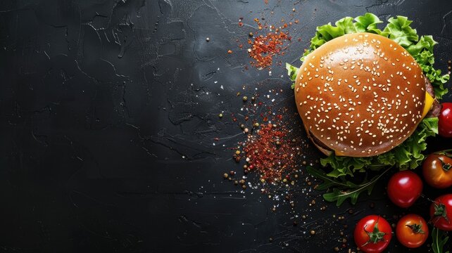 Burger with lettuce on dark surface tomatoes and spices