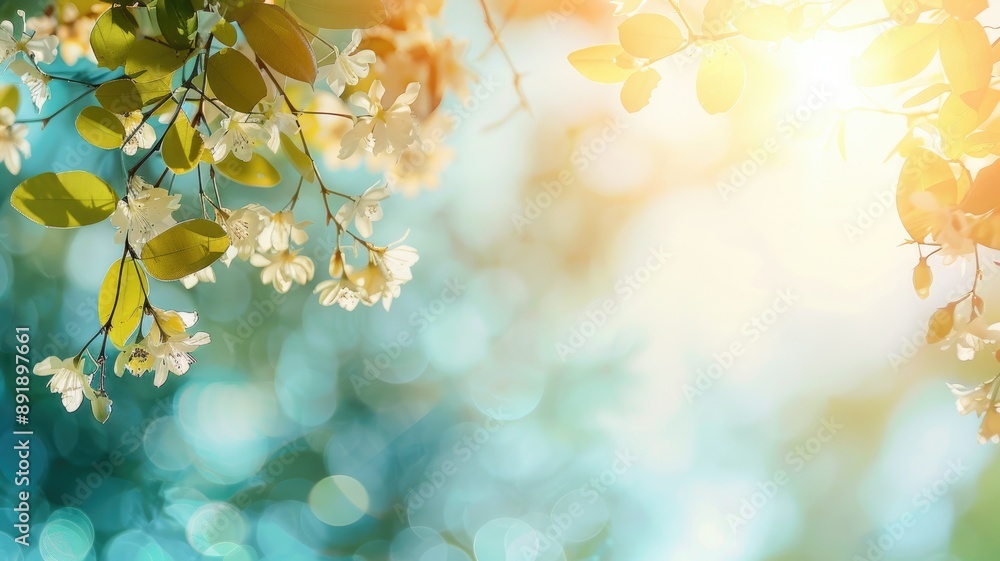Poster sunlight filters through blossoming tree branches with bokeh background