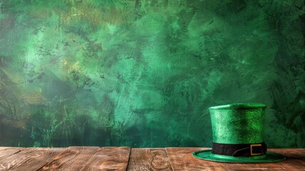 Green leprechaun hat on wooden surface against textured green background