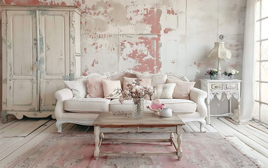 Shabby Chic Living Room with Pastel Colors Mockup 