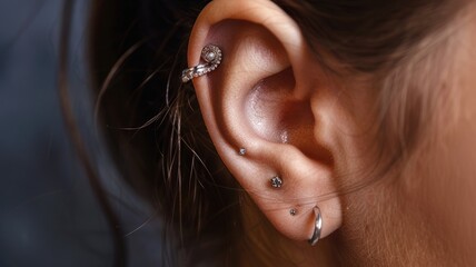 Close-up of ear with multiple earrings