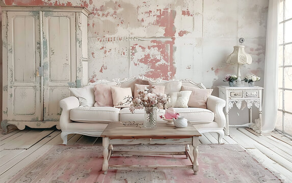 Shabby Chic Living Room with Pastel Colors Mockup