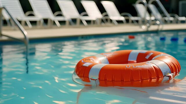Up close on a lifeguards rescue tube leaning against a pool chair.
