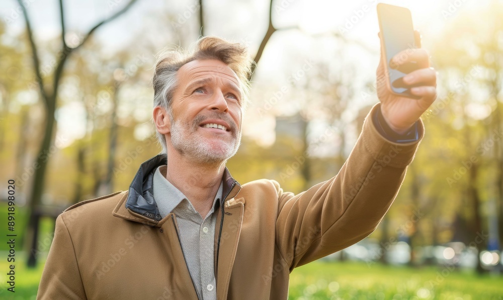 Sticker A man takes a selfie in a park. AI.