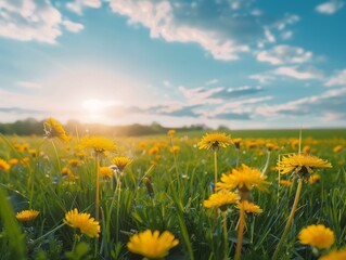 A field of yellow dandelions basking in the sunlight. AI.