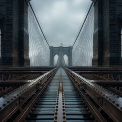 Fototapeta premium A mesmerizing photograph of the Brooklyn Bridge's intricate metal frame, capturing only the lattice-like structure in exquisite detail