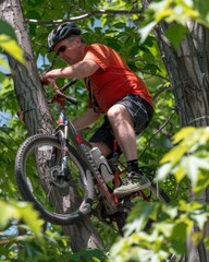 A man rides his bike up a tree. AI.