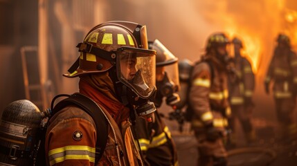 Firefighters in full gear, standing in front of a blaze. AI.