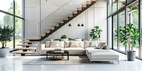 Contemporary Open-Plan Living Room with Floating Stairs Mockup 