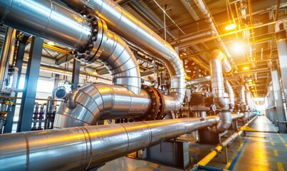 Complex network of pipes and machinery in an industrial setting. AI.