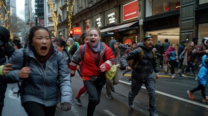 Obraz premium A group of people run down a city street. AI.