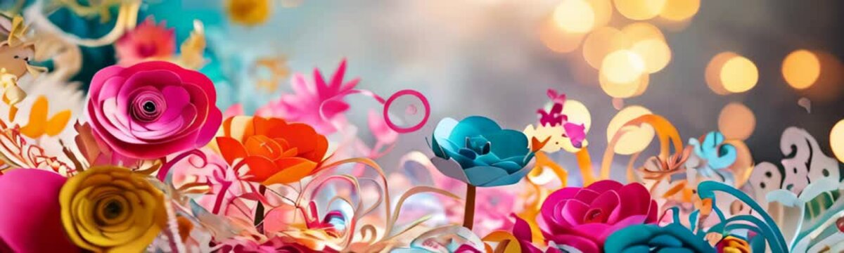Copy space template web banner flowers on branches origami paper handmade backdrop for event valentine's wedding beautiful hand craft art. Summer and spring. Women's day or mother's day concept