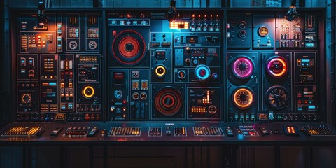 A futuristic control panel with various lights and buttons. AI.