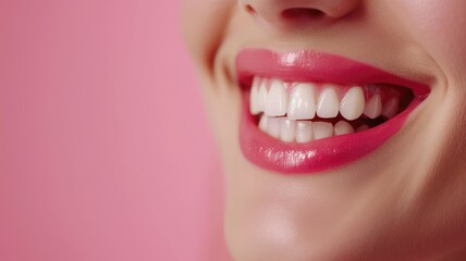 Obraz premium Close-up of smiling woman's mouth with pink lipstick on background