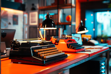 Retro-Futuristic Office with Vintage Typewriters Mockup 