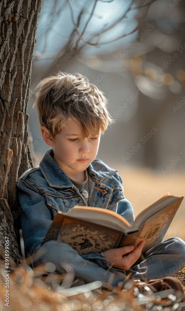 Canvas Prints A young boy sits by a tree and reads a book. AI.