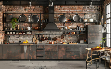 Industrial Loft Kitchen with Hanging Pot Rack Mockup 