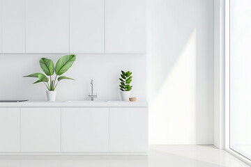 Modern Minimalist Kitchen with White Cabinets Mockup 