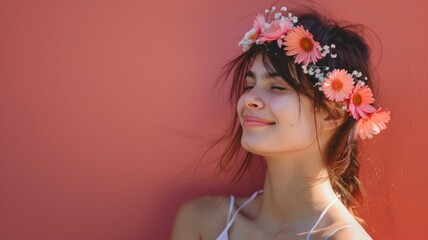 Woman with floral headband smiling against red background
