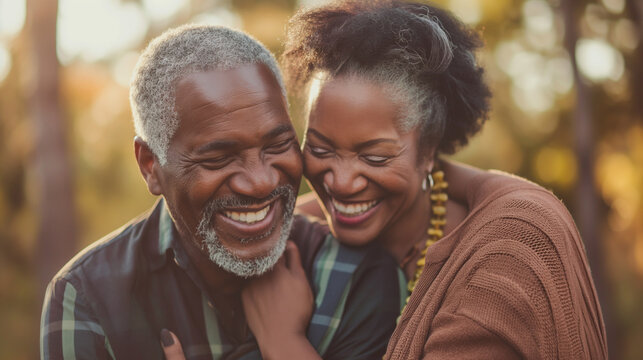 Healthy African American senior couple smiling happy and embracing together, love and relationship concept