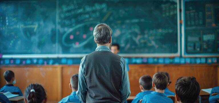 Teacher standing in front of class with students facing blackboard