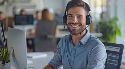 Obraz premium Happy young male customer support executive working in office.