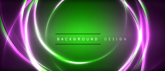 Neon glowing circle rays, light round lines in the dark, planet style neon wave lines. Energetic electric concept design for wallpaper, banner, background