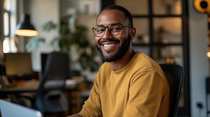 Smiling Black man in glasses works on his laptop while sitting at his desk