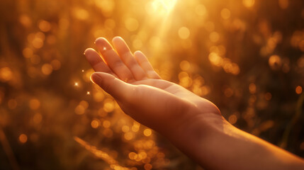 Open hand reaching towards the golden sunlight, symbolizing hope, spirituality, and connection with nature in a warm, glowing atmosphere.