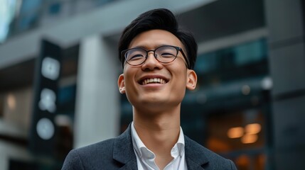 Fototapeta premium A young man in a suit and glasses smiles while looking upwards