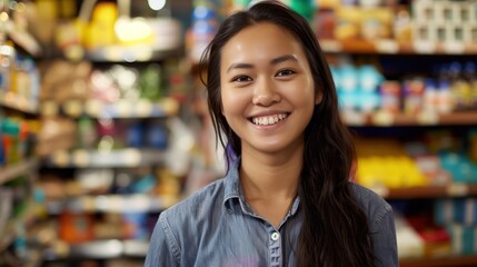 Woman in blue shirt smiling in a convenience store
