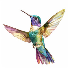 Vibrant Watercolor Hummingbird in Flight with Colorful Feathers