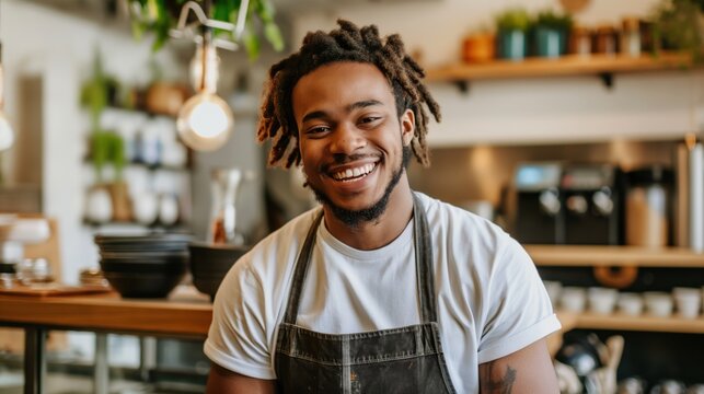 A young Black man with dreadlocks smiles while wearing an apron at a coffee shop - Powered by Adobe