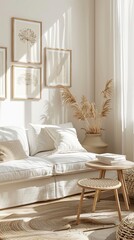 In the living room there is a white couch, wicker tables, and a window