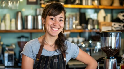A smiling barista wearing a striped apron stands in front of a coffee grinder