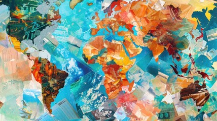Vivid abstract artwork of world map with mixed materials texture
