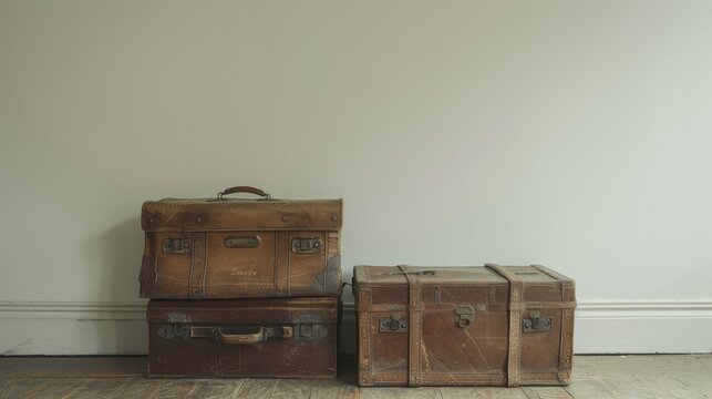 Two antique leather luggage items placed in a vacant room against a white wall