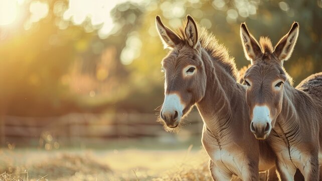 Two donkeys standing close together in sunlit field