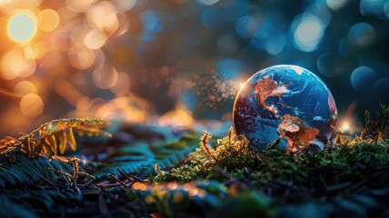 Realistic globe amidst forest undergrowth with magical, glowing background