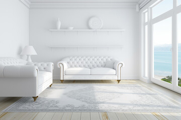 A pristine white living room interior featuring a modern sofa and armchair, complemented by a shelf adorned with artistic decorations