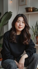 Fototapeta premium A young woman with long, dark hair sits in a casual pose, wearing a black sweatshirt and jeans